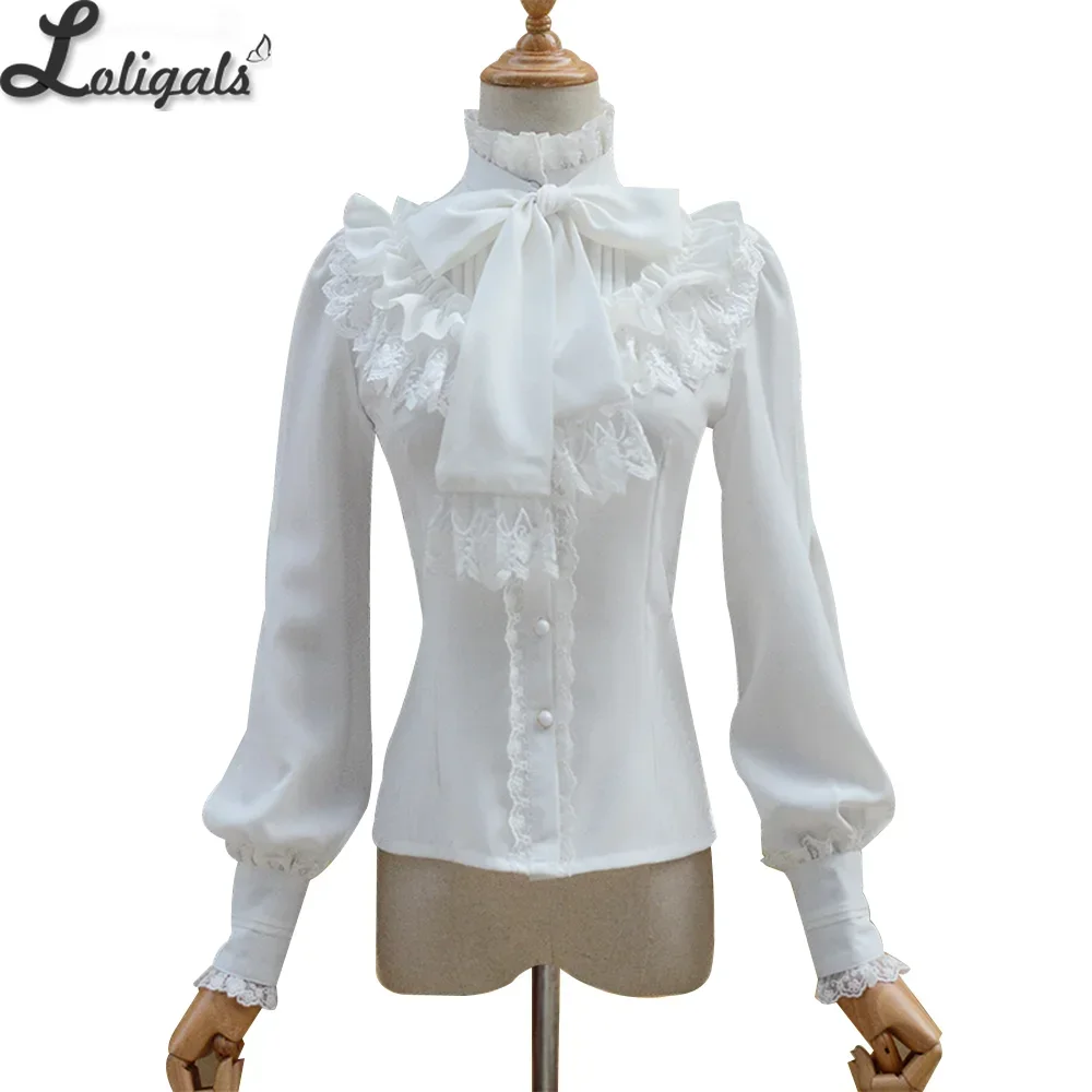 Vintage Women\'s Lolita Shirt Gothic Chiffon Ruffle Blouse Long Sleeve Blusas Black/White/Navy Blue/Burgundy