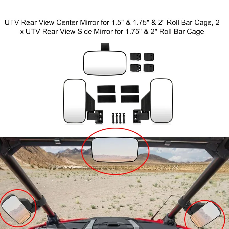 

UTV Rear Side Mirrors 1.75" to 2" for Rangers,RZR with All 1.75" or 2" roll Cages,Rhino,Gator XUV,Pioneer,800R, 1000, Max 800R