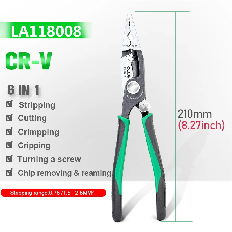 LAOA 8inch Electrician Long Nose Pliers Nippers Cable Wire Stripper Terminal Crimping Made in Taiwan