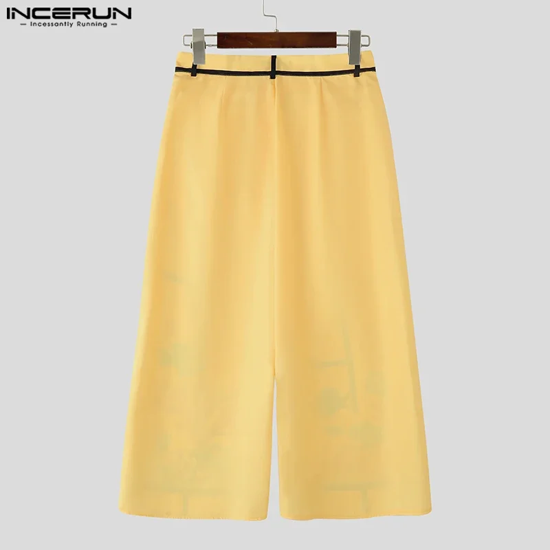 INCERUN 남성 바지 자수 프린팅 패치워크 버튼 캐주얼 와이드 레그 바지 남성 스트리트웨어 루즈 2025 패션 롱 팬츠