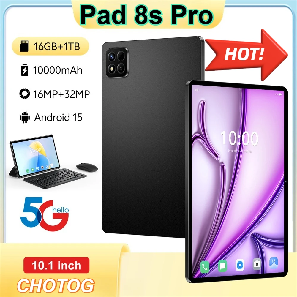 CHOTOG Pad 8s Pro Tablet 10,1 Zoll HD Android Tablets 5G Dual SIM 22GB RAM 2TB ROM Tabs 10000mAh Globale Version Tablet-PC GPS Gesichtserkennung WLAN Tab für Kinder Tabs
