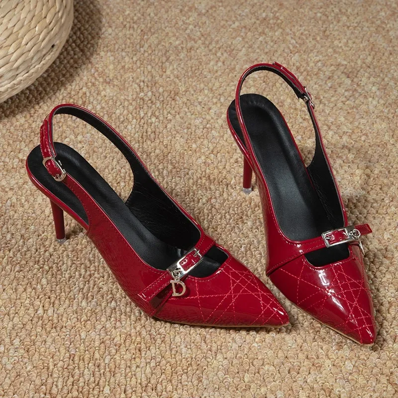 2024  High-heeled Shoes Buckle Shallow Pointed Toe Stiletto Heels with Back Strap Slip-on Sandals Sexy Shiny Leather Shoes