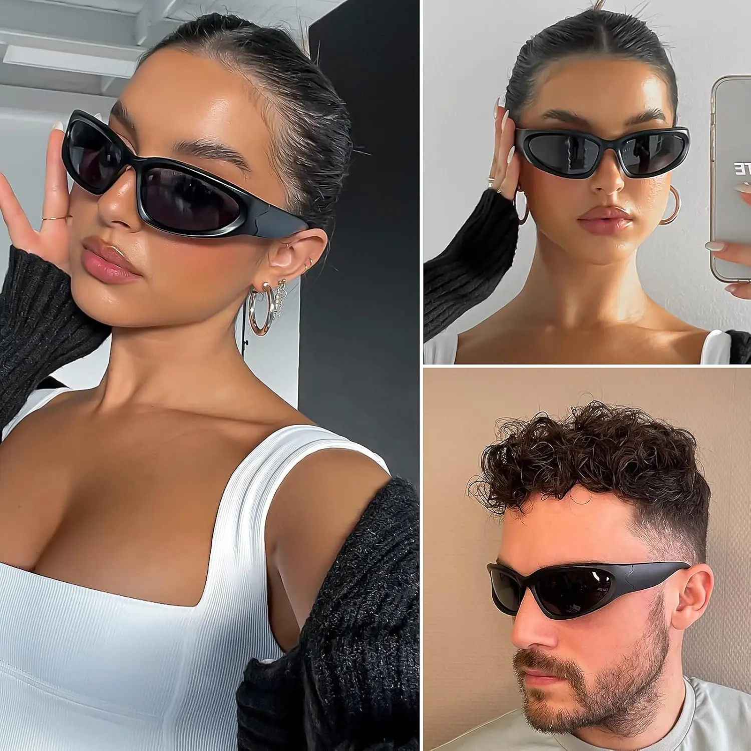 Neue Y2K Wrap-Around Sonnenbrille Mode Rave Metallisch Chrom Space Alien Brille Futuristische Schattierungen Sportbrille für Damen und Herren – Detail 1