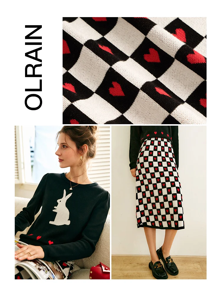OLrain Checkerboard Print Skirt Women 2025 Spring Summer Cotton Knitted Jacquard High-waist Fashion Long Skirts O22CB00025
