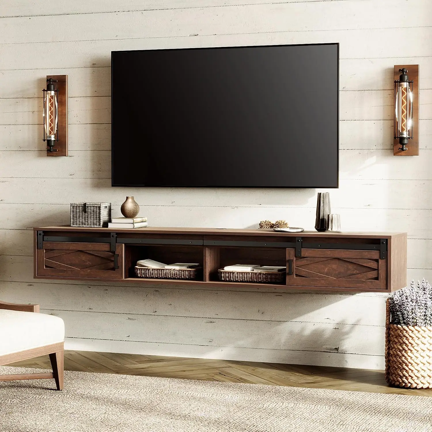 WAMPAT Sliding Barn Door Floating TV Stand for 80