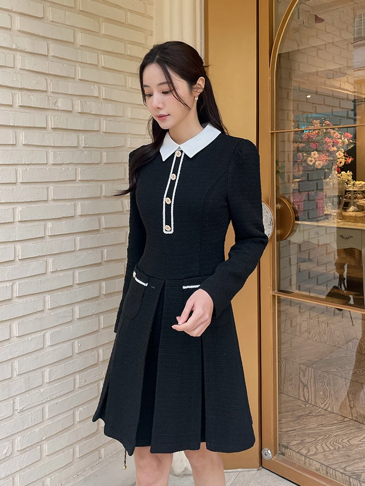 2024 Korean Chic Tweed Pleated Dress Women Elegant New High Quality Lapel Pocket Long Sleeve Single Breasted Ladies Dresses