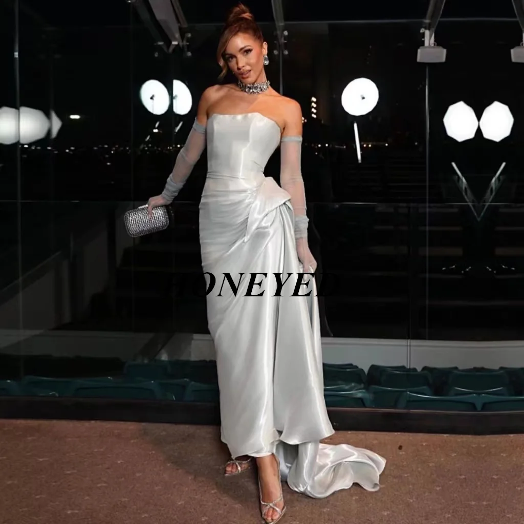 HONEYED Elegant Strapless Prom Gown Satin Long Prom Formal Evening Dresses Sleeveless Sweep Train Simple Party Dress for Woman