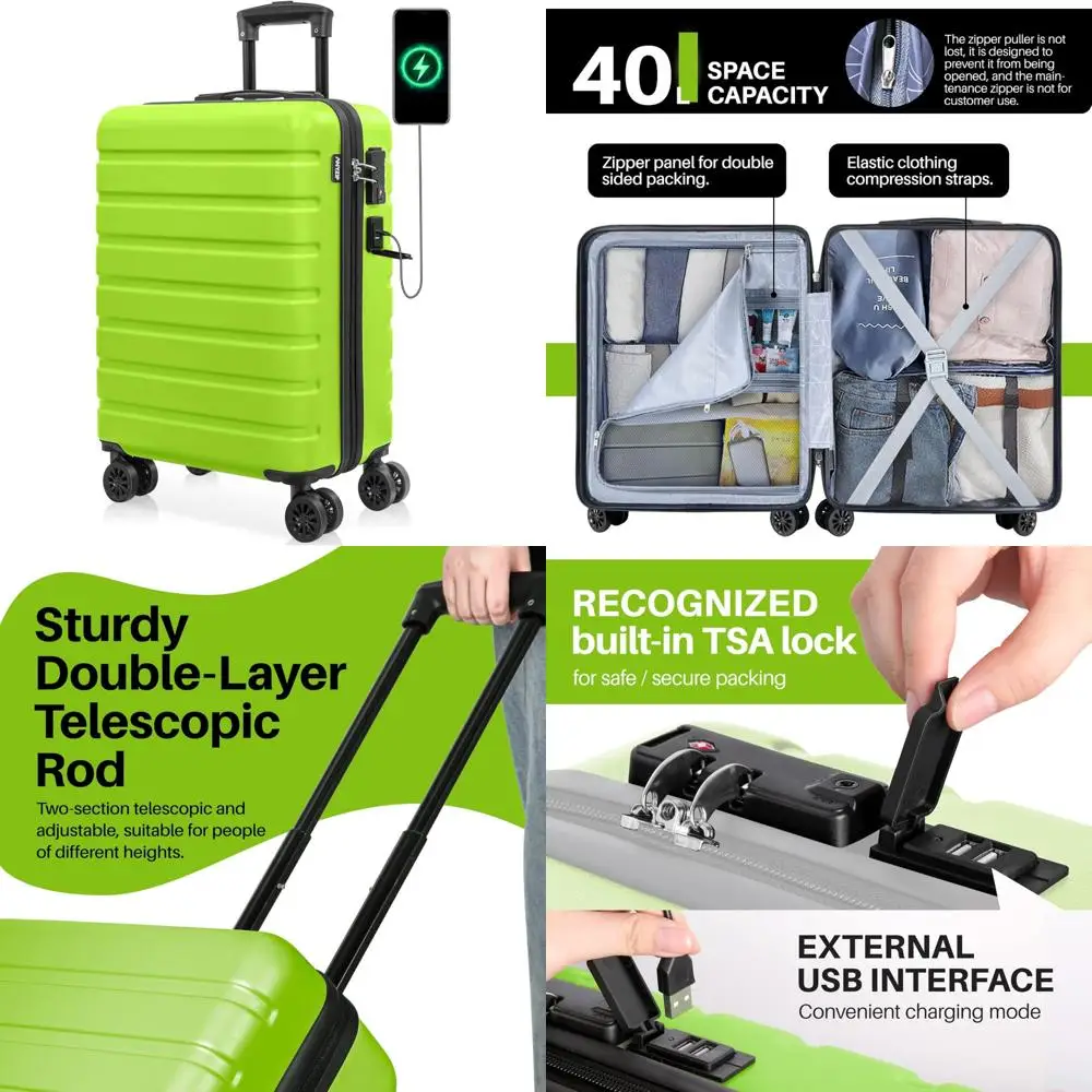 

Lightweight Kids Hardside ABS Luggage with USB Port, Wheels, TSA Lock, and Apple Green Suitcase for Travel