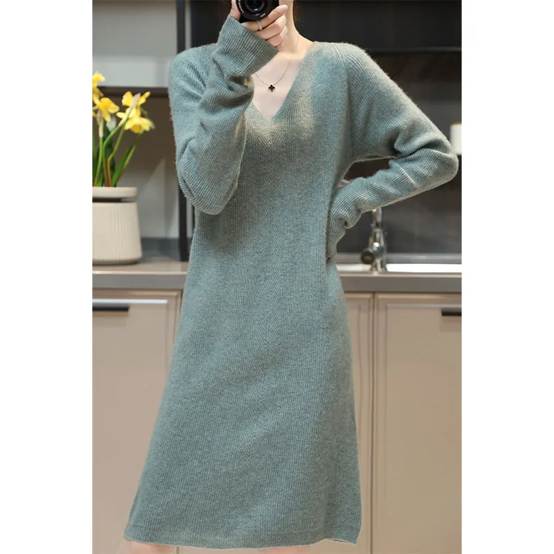 Tailor Sheep 100% Merino Wool Knitted Sweater Women Dress Winter/Autumn V-Neck Female Knee Length Dresses Long Thicken Jumper