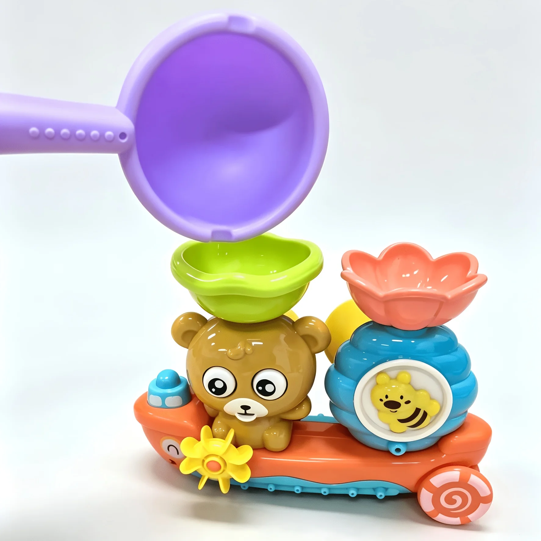1 Pack Bear Boat Bath Toy, Wall Mounted Waterfall Bathtub Toy with Rotating Water Wheel, Kids Interactive Shower Water Play Toy