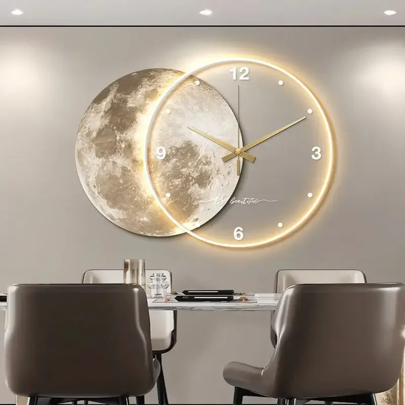 Grande sala da pranzo Orologio da parete per soggiorno Lusso Luna La terra Modellazione Luce a LED Movimento silenzioso Decorazione da parete per camera da letto Regalo