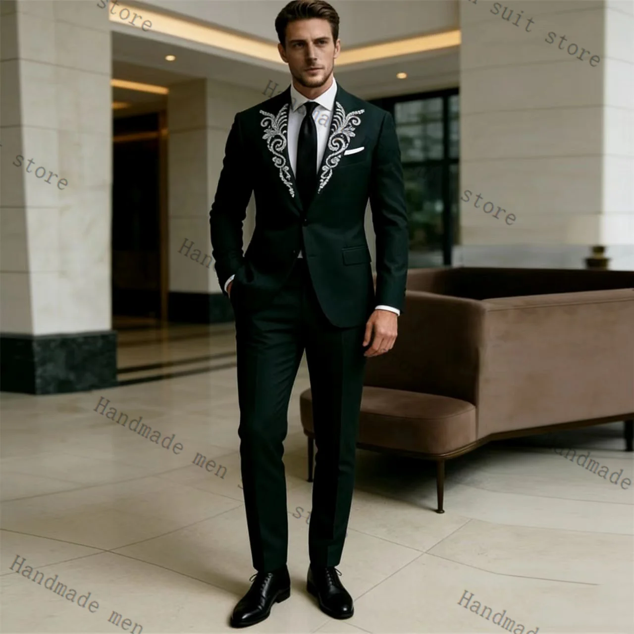 

Green Men Suit Set 2 Piece Blazer+Pants Spring Cotton Prom Wedding Tuxedos Coat Customized Formal Office Fashion Jacket