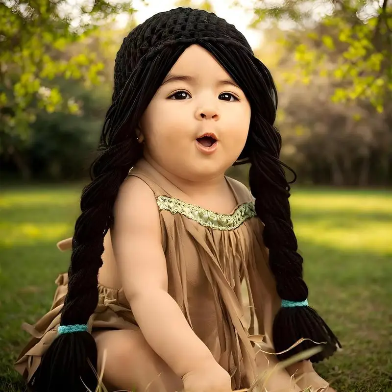 Baby Wig Beanie Double Braides Knitted Hat Winter Hat Cute Headwear Photo Props Bonnet Cap for Baby Aged 0-6 Months