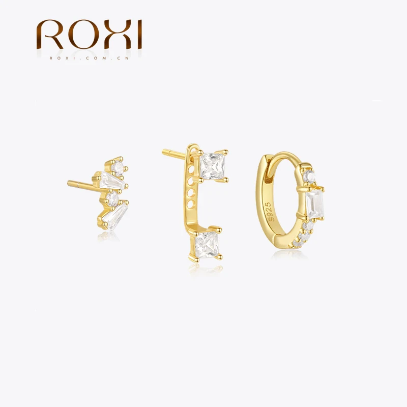 ROXI 925 Sterling Silver 3Piece Earring Set Geometric Zircon Piercing Earrings For Women Hook Stud Earrings Party Jewelry Gift