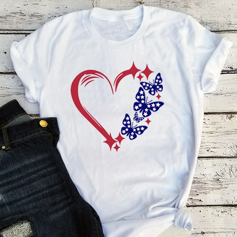 USA Butterfly T Shirt Aesthetic 4th of July Independence Day Women Clothes America Heart Tops Freedom Day Shirts