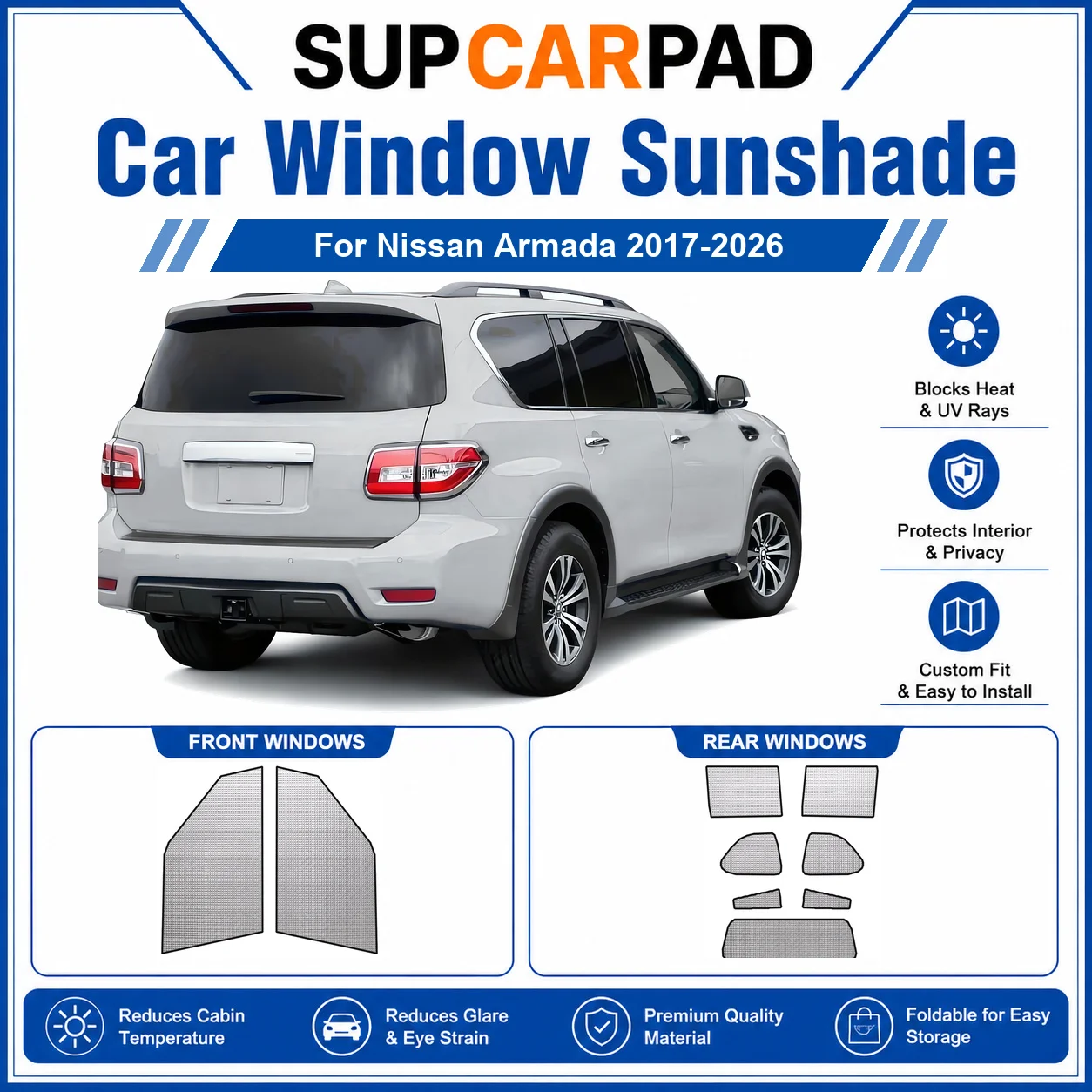 For Nissan - Nissan Armada 2017-2026 Full Set Car Window Sunshades UV Block Privacy Heat Insulated Foldable Car Curtain