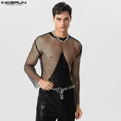 2023 Men T Shirt Mesh Patchwork Transparent O-neck Long Sleeve Tee Tops Streetwear Sexy Fashion Party Camisetas S-5XL INCERUN