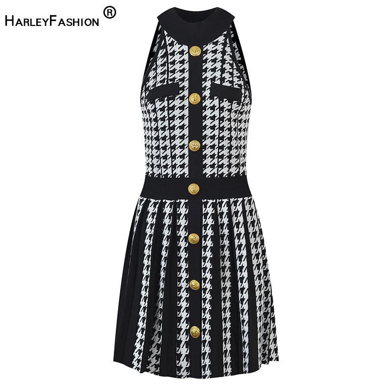 2024 Popular Summer Sleevless Classic Houndstooth Pattern Quality Vintage Pleated Knit Halter Tank Dress