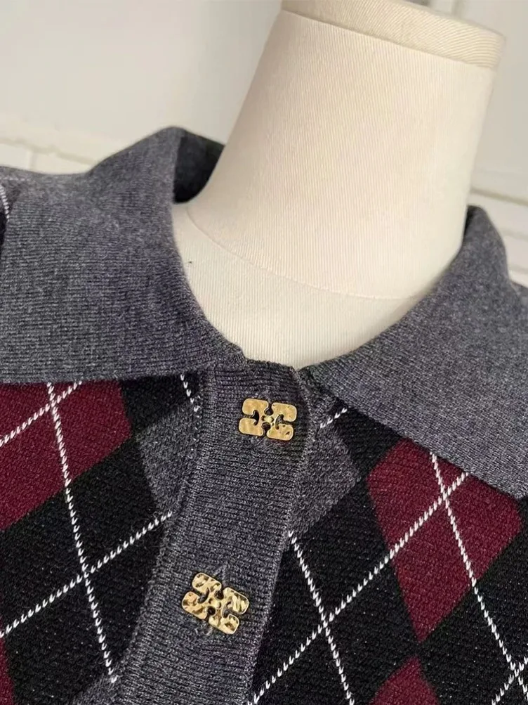 الشتاء النساء بولو طوق الماس تحقق سترة طويلة الأكمام 2000S الجمالية محبوب تريكو المال القديم خمر أنيقة أنيقة #4