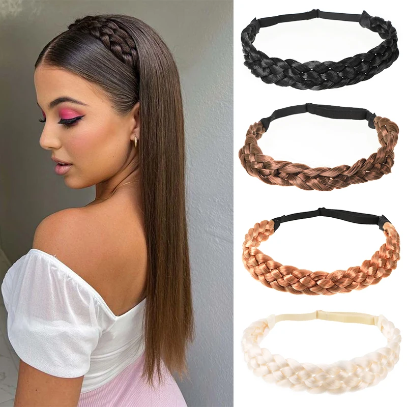 Elastyczna peruka warkocz pałąk 3/5 nici syntetyczne włosy pleciony pałąk peruka Hoop Chunky Hairpiece Hairband panie nakrycia głowy