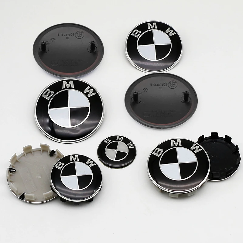 Emblème de capot avant de voiture, Logo BMW noir et blanc, Badge arrière de 82mm, capuchon de moyeu de roue de 74mm, autocollant de volant de 68mm 56mm, accessoires de 45mm
