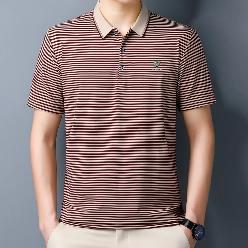 Polo informal de negocios para hombre, camisa de manga corta, transpirable, versátil, a la moda, solapa de escudo, a rayas, Top, tendencia de verano