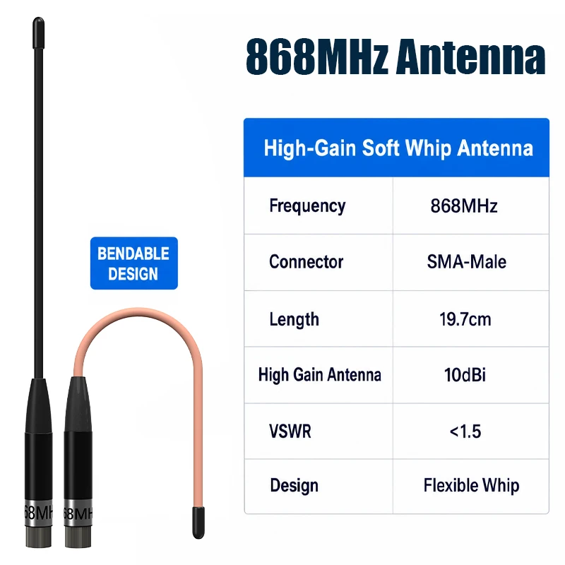 868MHz Antenna High Gain Flexible Whip LoRa Antenna 19.7cm SMA-Male Connector Low VSWR For LoRa Module IoT Transmitter Receiver