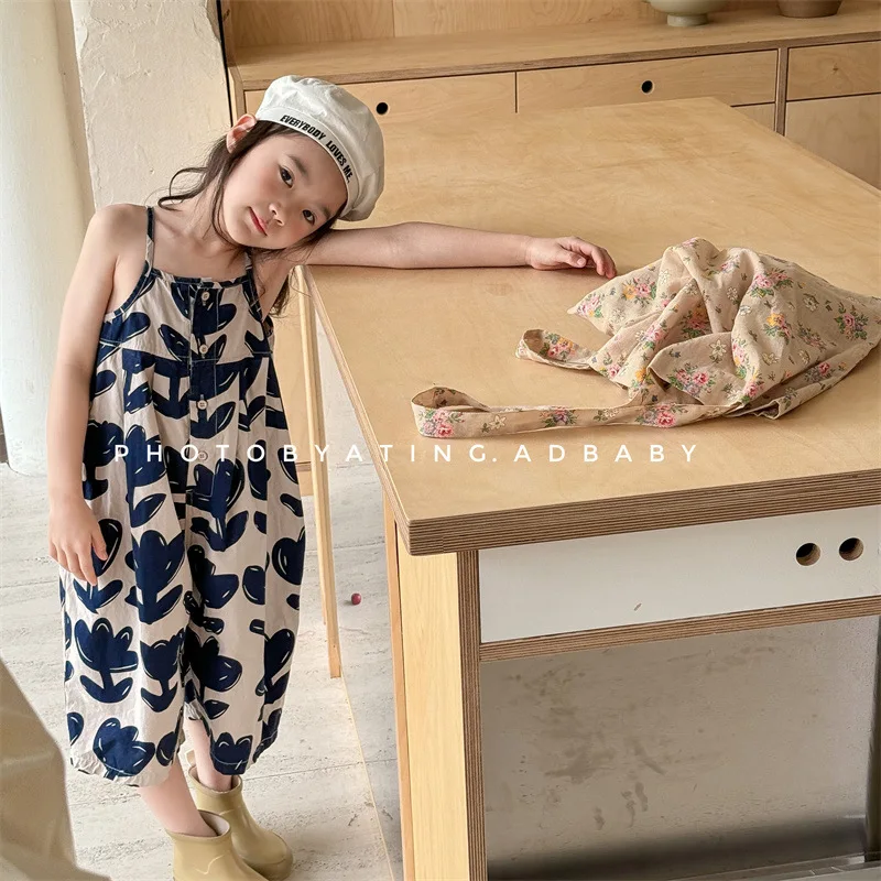 

2024 Summer New Baby Girl Sleeveless Sling Jumpsuit Print Kids Cotton One Piece Romper Pants Fashion Children's Overalls Clothes