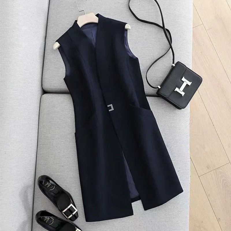 2024 Women\'s Casual Black Vest Women Clothing Spring Autumn Sleeveless Blazer Jacket Medium And Long Slim Female Waistcoat