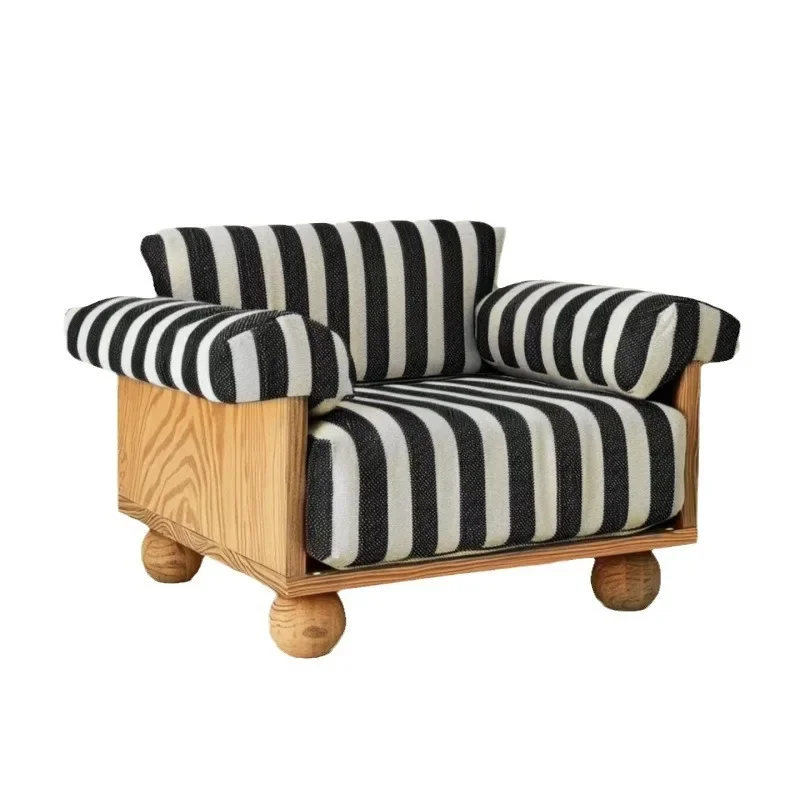 Striped fabric solid wood base single sofa chair retro pastoral leisure sofa