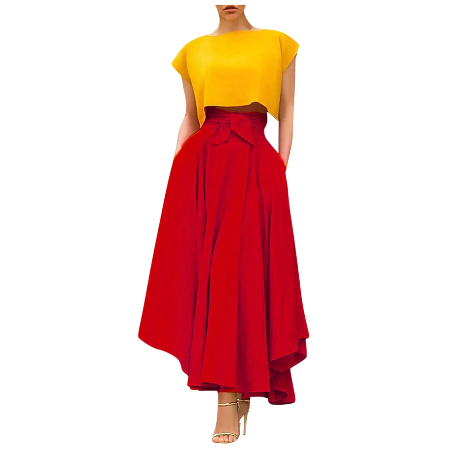 Ladies’ Fashion Versatile High Waist Pleated Long Irregular Flare Large Hem Skirt Holiday Dress Solid Color Retro Elegant Skirt