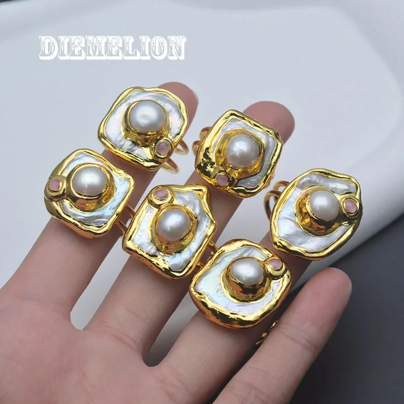 New Fashion Jewelry 18K Gold Plated Natural Baroque Freshwater Pearl Square Ring Elegant Women's Opening Daily Work Accessories