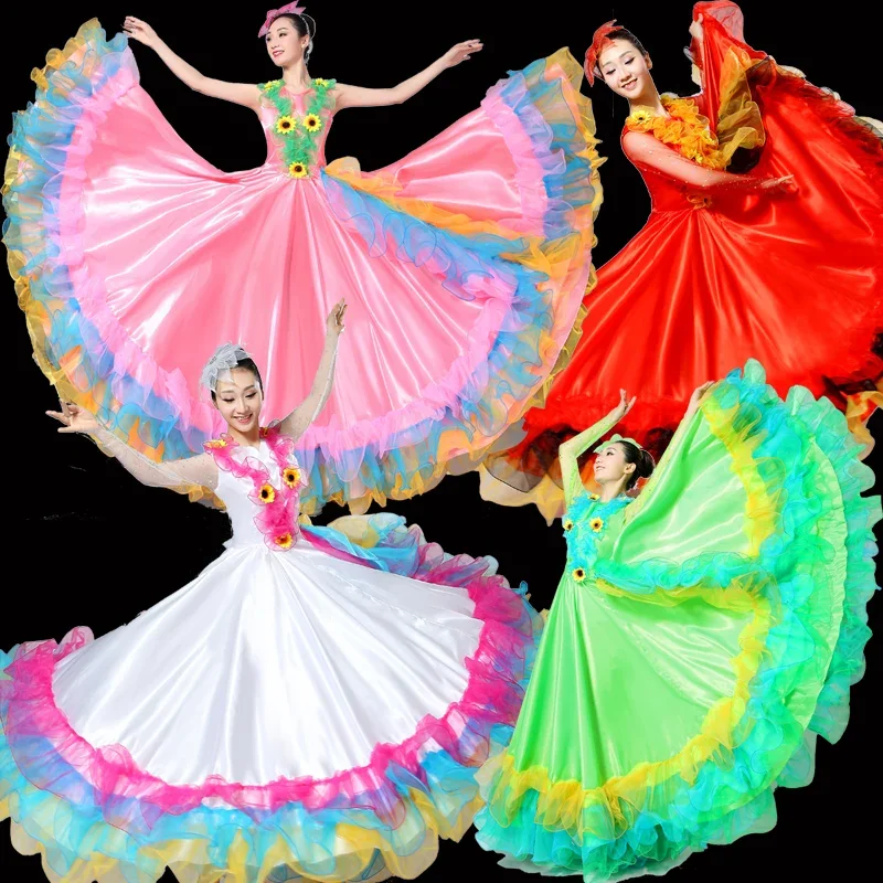 360/540/720 Degree Spanish Flamenco Women Dance Dress Practice Long Big Swing Costume Performance Gypsy Lady Belly Skirt