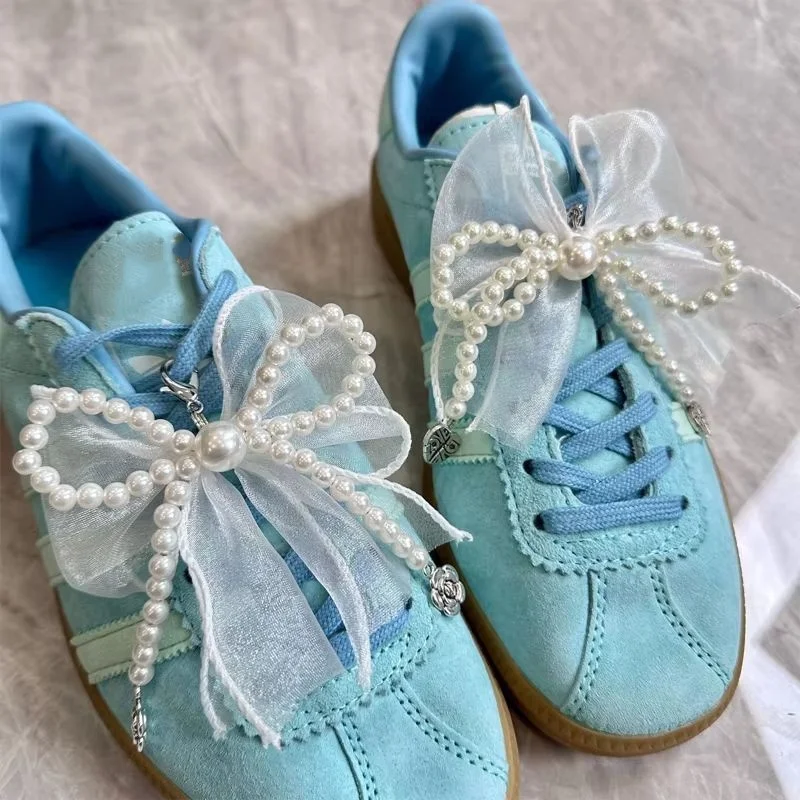 

New Shoe Laces Charms Sneakers Decorative Silk Ribbon Pearl Bow Shoe Charm Accessories Metal Pendant Shoe Decorations Fashion