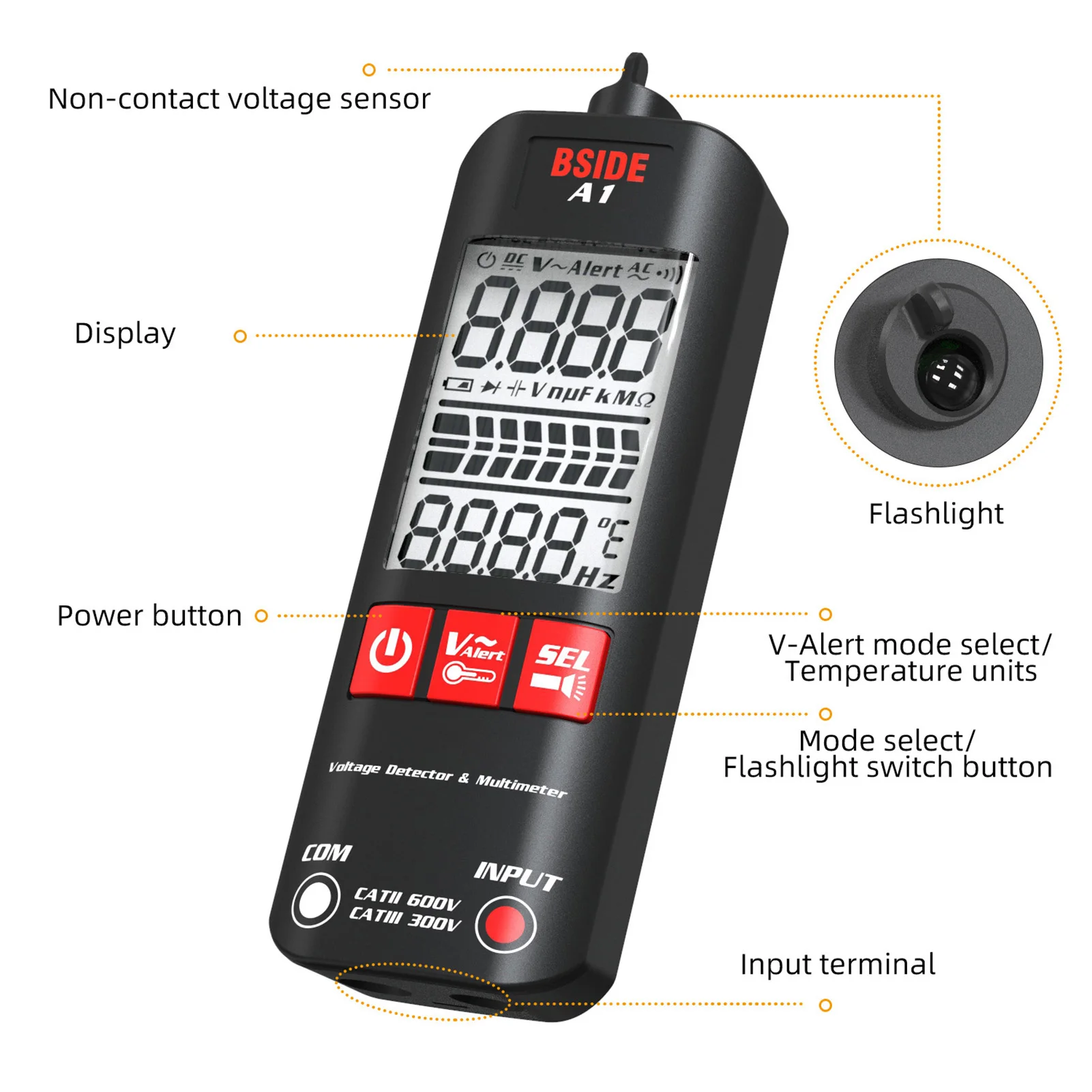 BSIDE A1 Mini Multimeter LCD Digital Tester Voltage Detector 2000 Counts DC/AC Voltage Frequency Resistance NCV Continuity Live