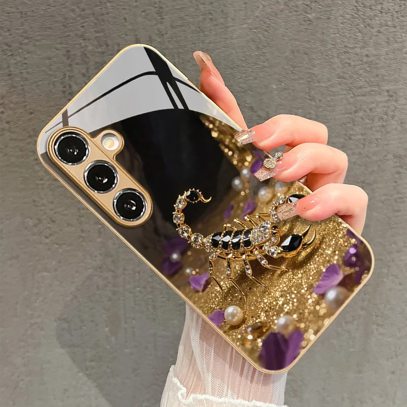 Black Gold Scorpion Pattern Glass Phone Case Suitable for Samsung Galaxy S26 S25 S24 S22 S21 S20 FE/Ultra/Plus Anti Drop