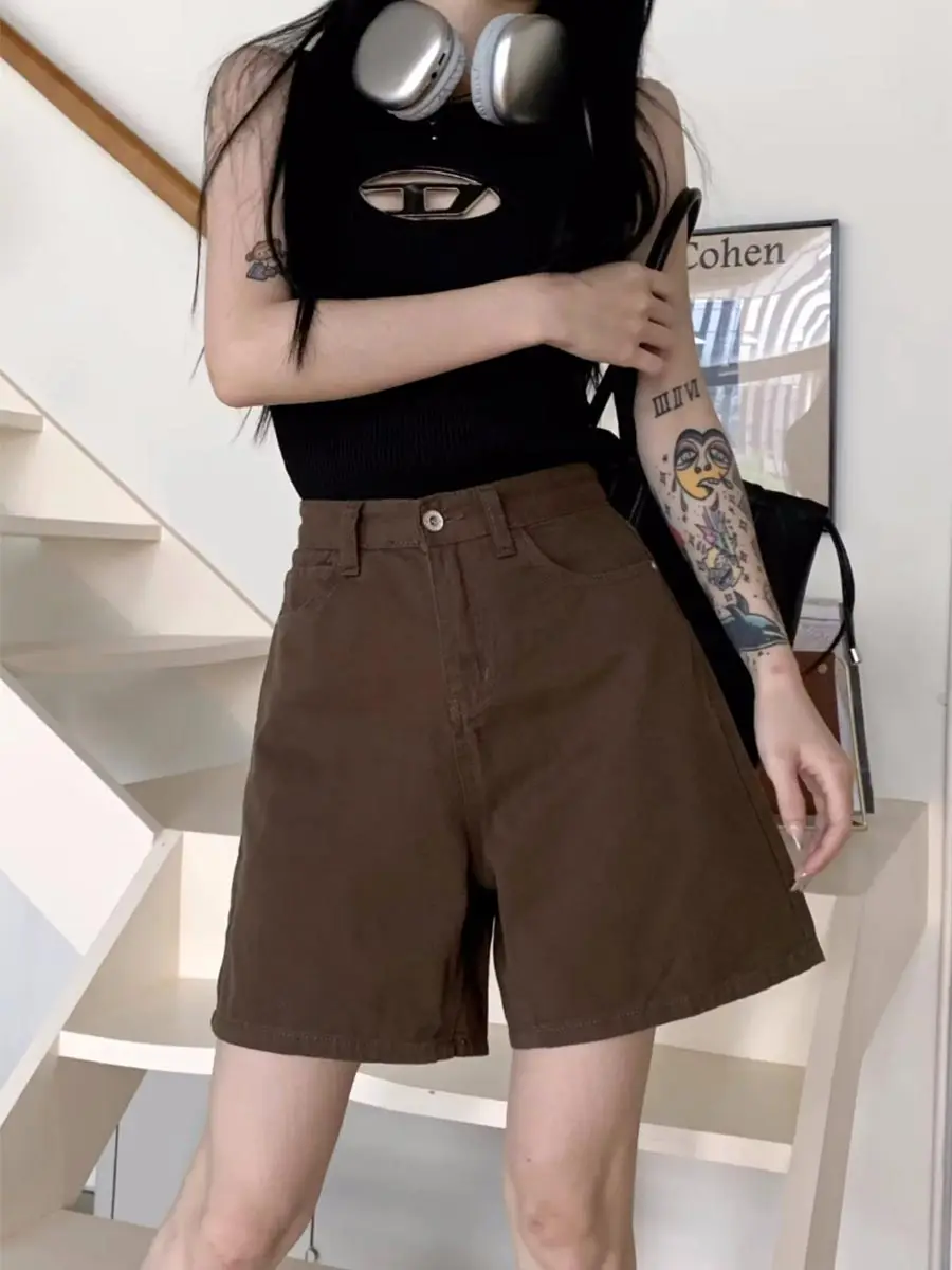 Brown Denim Shorts for Women High Waist Casual Half Pants Straight Jeans A-line Shorts Vintage Style Y2k Clothes Summer