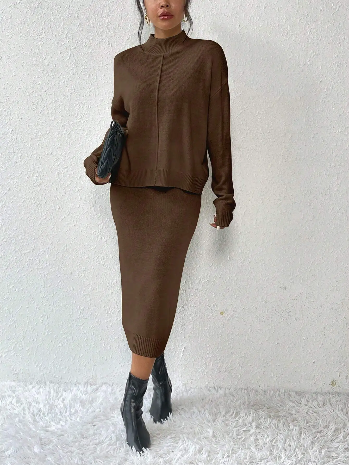 Women's Solid Color Ribbed Knit 2-Piece Set with Mock Neck Top and Midi Skirt