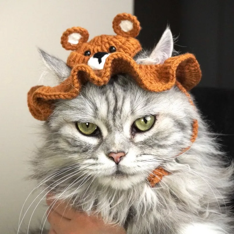 Brown Bear Crochet Hat for Cats and Puppies Handmade Knitted Pet Hat Pet Accessories Pet Photo Birthday Gift