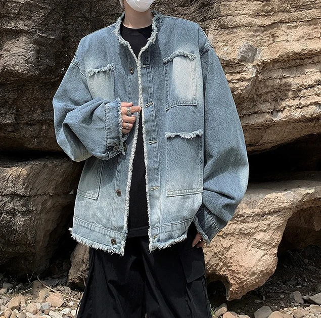 2026 Spring/Autumn Fleece Stand Collar Street Trend Denim Jacket Men's Jacket Washed Distressed Casual Jacket