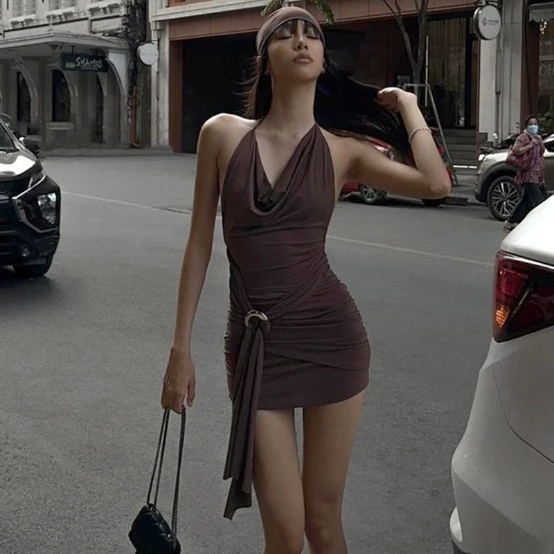 فستان قصير بدون ظهر بني عتيق من WhereMery Y2K فساتين نسائية بطيات على شكل حرف a مثيرة لصيف 2024 فساتين فتاة رائعة #2