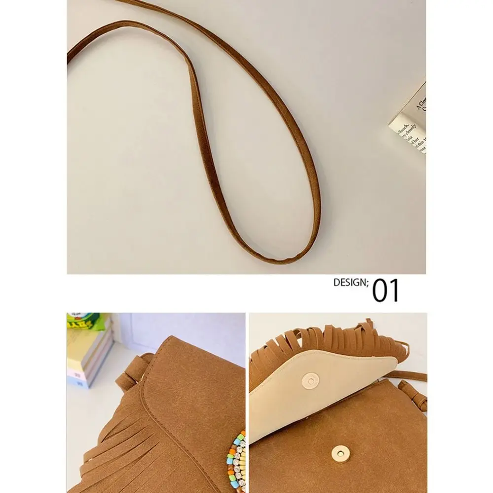 Корейская стильная сумка через плечо с кисточками, винтажная большая вместительная замшевая сумка через плечо из искусственной кожи, сумка в богемном стиле в этническом стиле для девочек