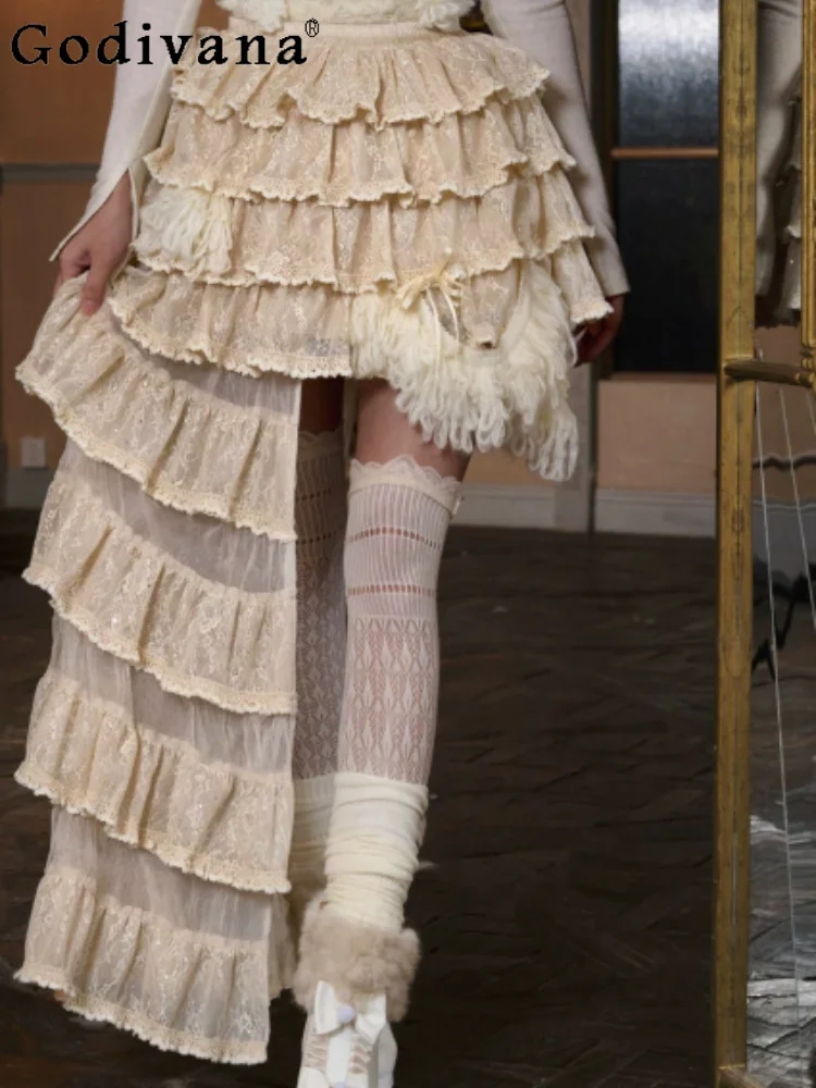 

New Fashion Ruffles Versatile Lace Cake Irregular Princess Skirt Sweet Girl Elastic Waist Unique Punk Personality Sexy Skirts