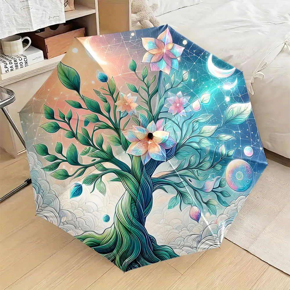 1PC Dreamy Tree and Floral Design Umbrella Print 8 Iron Ribs Folding Umbrella Auto-Open Fashion Sunshade