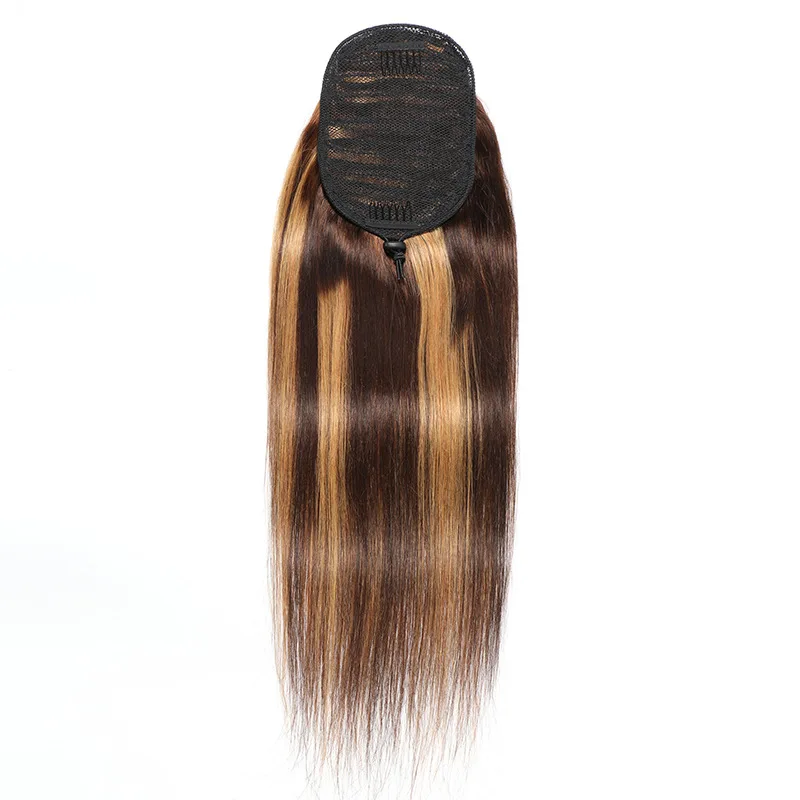 4/27 Honey Blonde Straight Drawstring Ponytail Clip In Colored Drawstring Ponytail Highlight Straight Human Hair Ponytail Hair