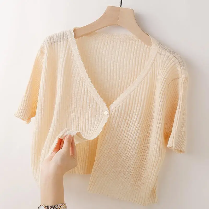 Ice Silk Knitted Cardigan Women\'s Summer Thin Short-sleeved Outer Wear Sun Protection Short Versatile Simple Commuter Top