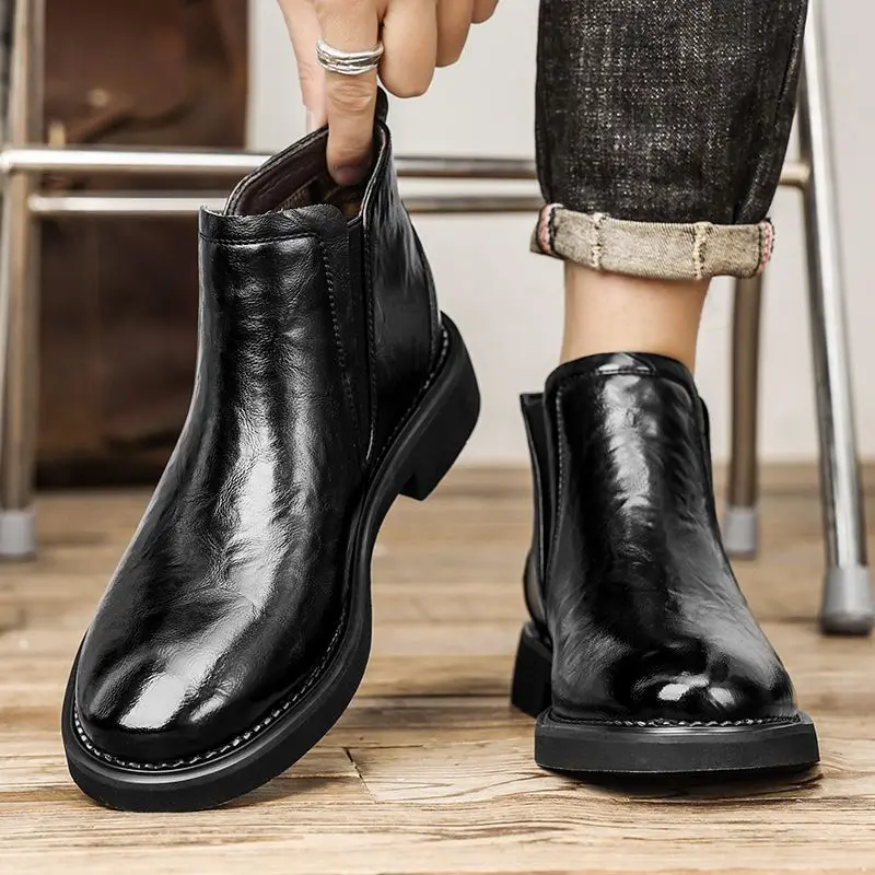 

​2025 New Genuine Leather High Top Vintage Chelsea Boots for Men Retro British Style Mid Calf Boots Trendy Winter Footwear​