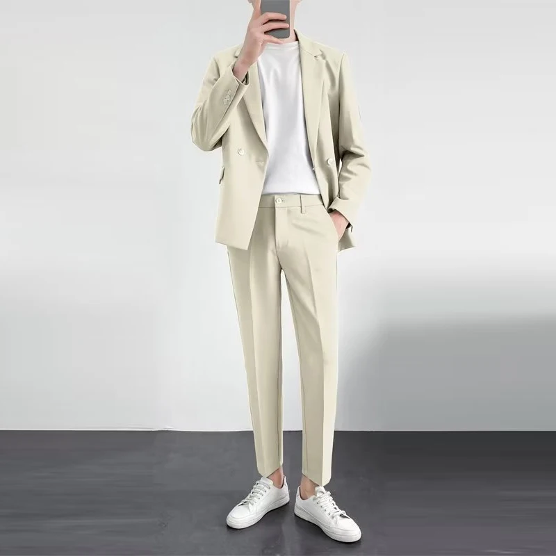 

KIDWHXR Man 2-piece Suit Set Korean Style Turn Down Collar Blazer Male Straight-leg Pant Men Simple Business Casual Outfit