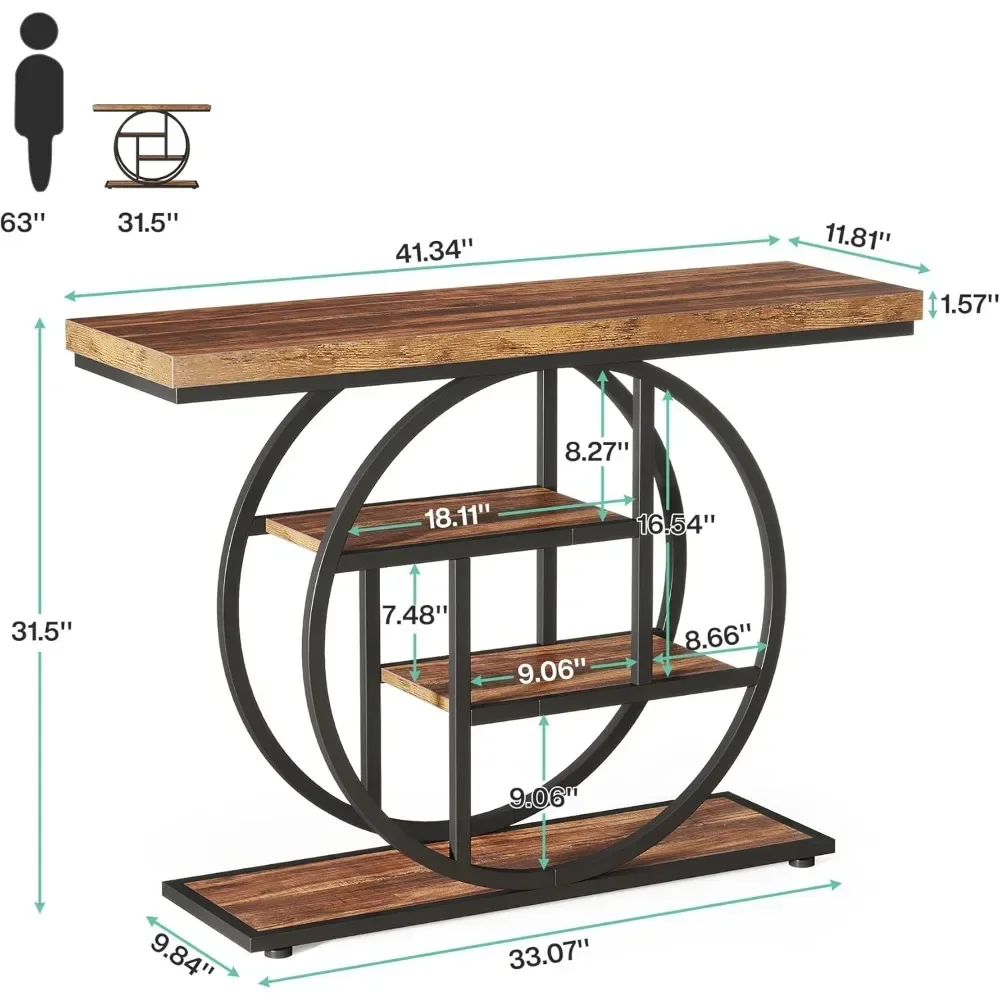 Industrial  Sofa Table Entryway Table with Circle Base, Narrow Wood Accent Tables with Storage Shelves for Living Room, Hallway