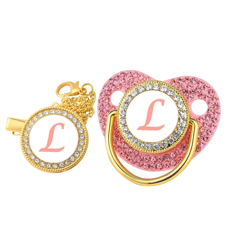 Luxus Zirkon Baby Schnuller Clip Rosa Brief Neugeborenen Personalisierte Schnuller Halter Bling Silikon Säugling Beißring Nippel BPA FREI